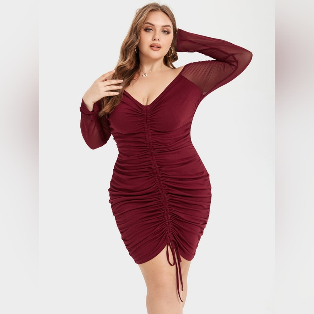 Contrast Mesh Drawstring Ruched Party Dress